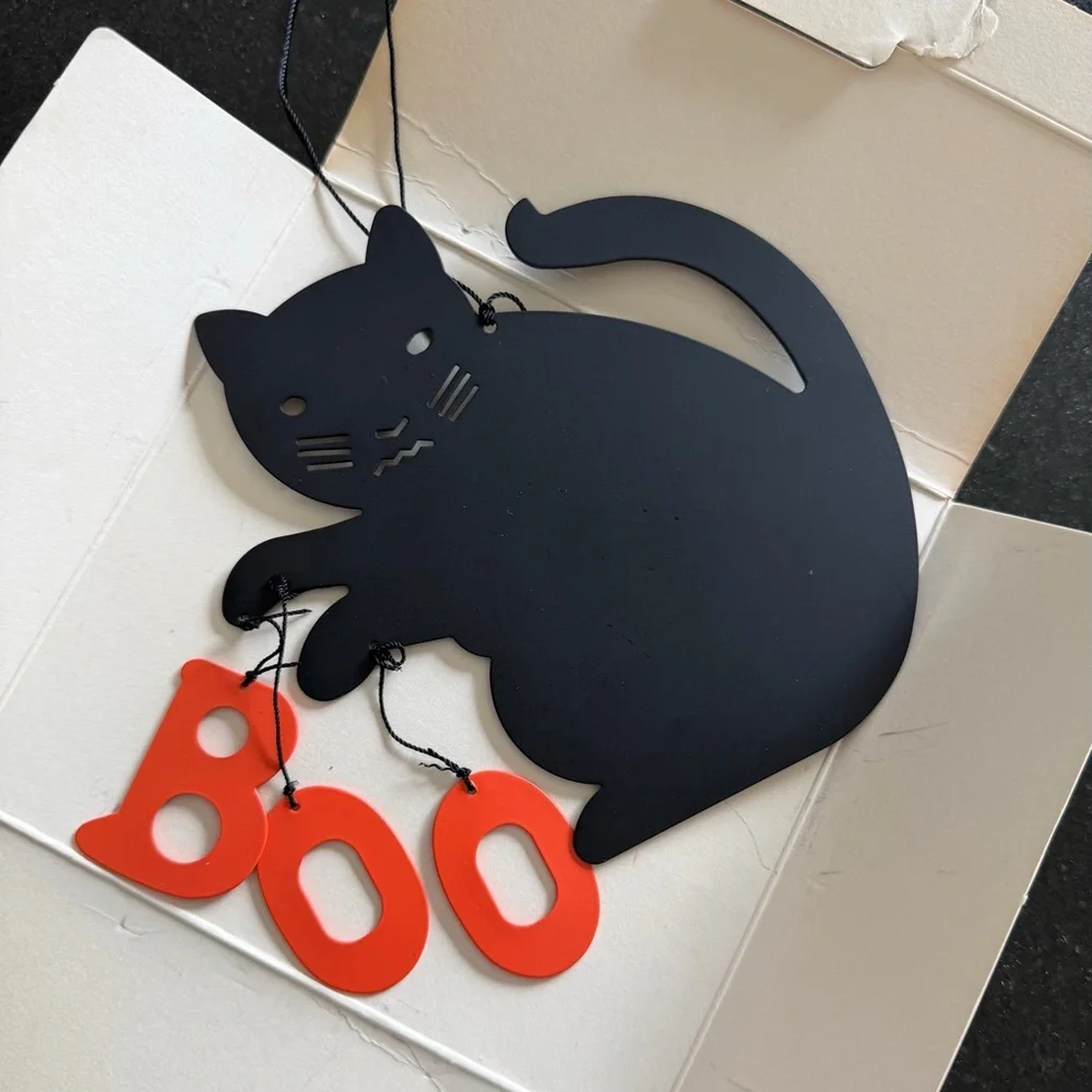 Vintage Avon Metal Black Cat 'Boo' Hanging Halloween Wind Chime